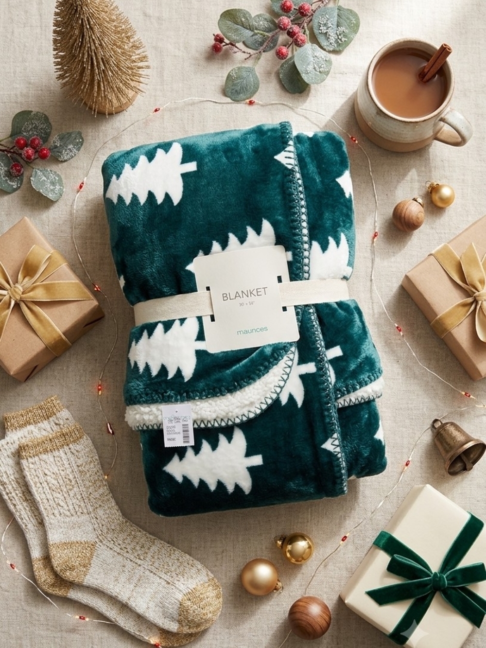 Maurices Green and White Holiday Tree Throw Blanket